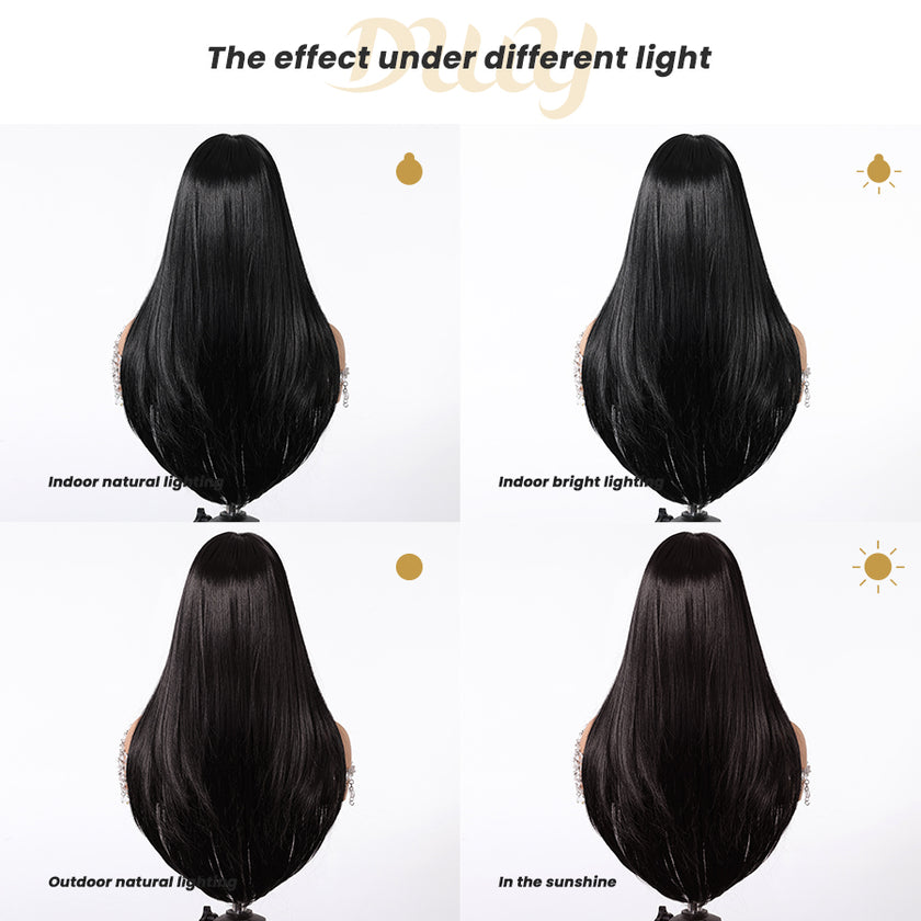 Tara-DWY Machine Made Long Silky Straight Chocolate Brown with Highlights with Bangs Glueless Synthetic Wig for Women 26 Inches