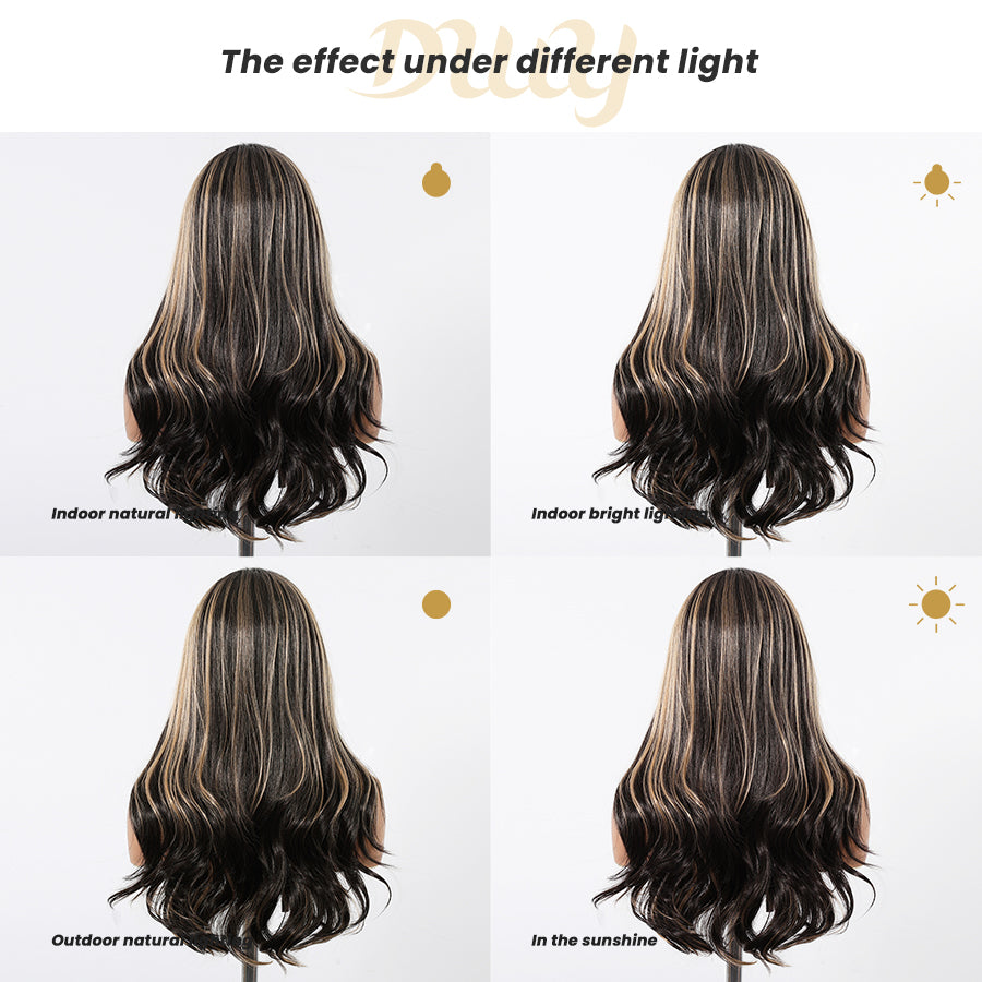 [CLEARANCE SALE] Gena -DWY Lace Front Middle Part Long-Length Straight Black Honey Balayage Glueless Synthetic Christmas wigs for women 26 Inches