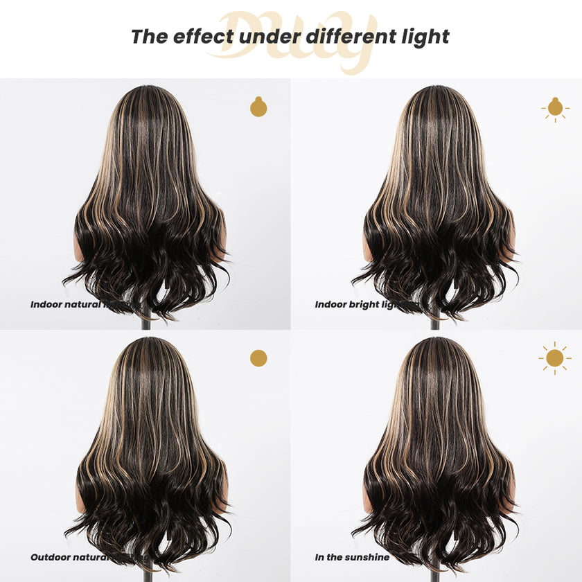 [CLEARANCE SALE] Gena -DWY Lace Front Middle Part Long-Length Straight Black Honey Balayage Glueless Synthetic Christmas wigs for women 26 Inches