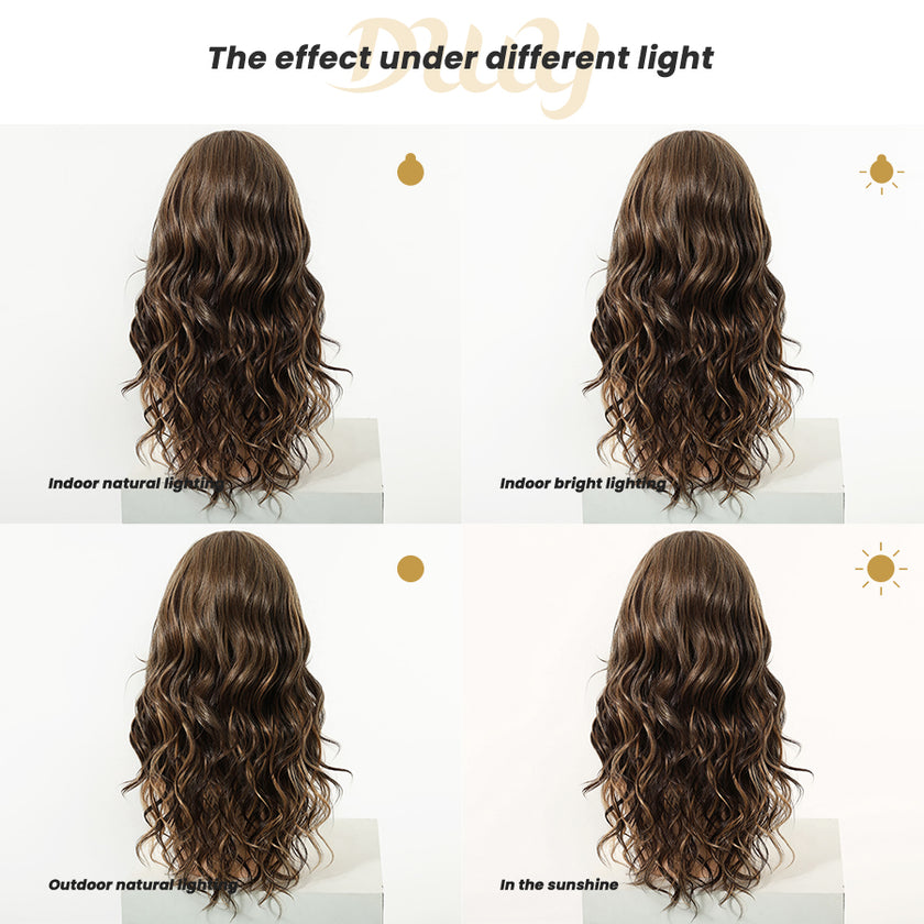 July-NEW! DWY 13×6 Free Part Lace Front Long-Length Curly Ombre Brown with Highlights Glueless Synthetic Wig