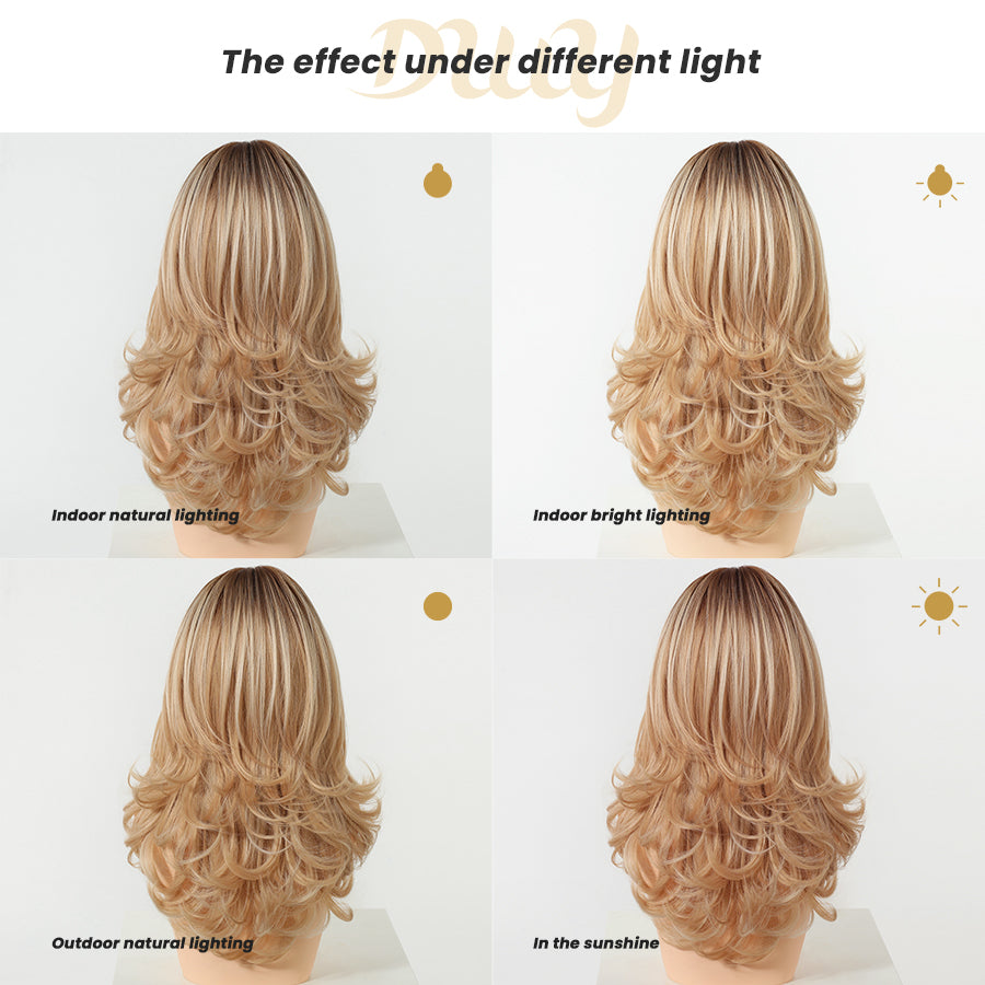 Fallon-DWY Machine Made Middle Part Long Wavy Rooted Light Blonde Glueless Synthetic Wig with Side Bangs for Women 22 Inchess