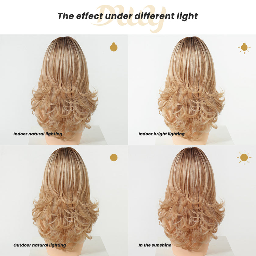Fallon-DWY Machine Made Middle Part Long Wavy Rooted Light Blonde Glueless Synthetic Wig with Side Bangs for Women 22 Inchess