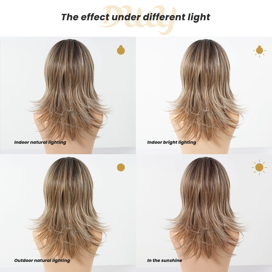 Esther C-DWY 13x4 Filter Lace Front Free Part Mid-Length Layer-cut Brown with Highlights Glueless Synthetic Wig