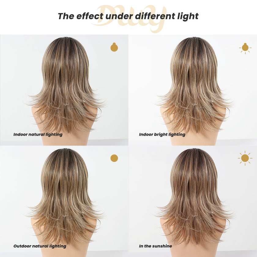 Esther C-DWY 13x4 Filter Lace Front Free Part Mid-Length Layer-cut Brown with Highlights Glueless Synthetic Wig