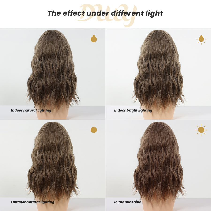 Aurora - NEW! DWY 20-Inch Light Brown Wave  Glueless Synthetic Wig with Bangs for Women High-Quality Premium Fiber Easy Wear Comfortable Fit Deep Wavy Wigs Curly Warm