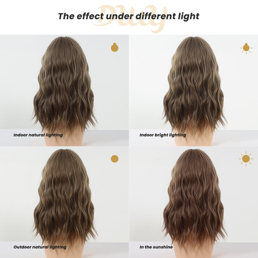 Aurora - NEW! DWY 20-Inch Light Brown Wave  Glueless Synthetic Wig with Bangs for Women High-Quality Premium Fiber Easy Wear Comfortable Fit Deep Wavy Wigs Curly Warm