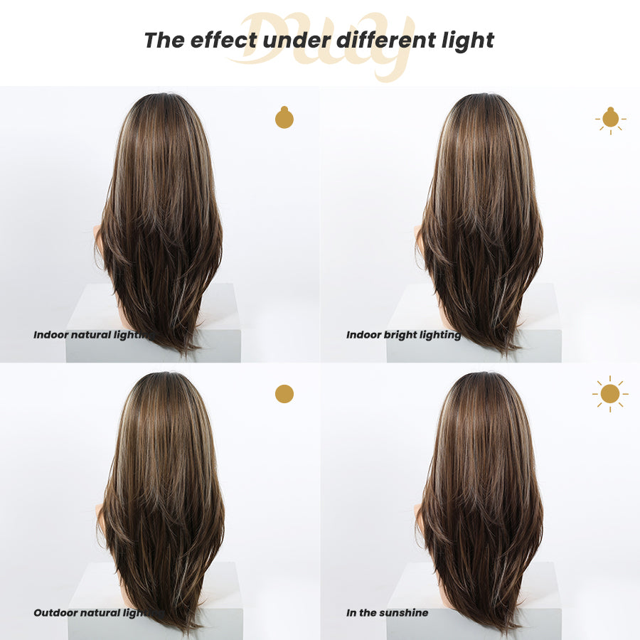 Amaris C-New! DWY 13×4 Lace Front Free Part Long-Length Straight Brown with Blonde Highlights Beautiful Layer Glueless Synthetic Wig for Women 24 Inches