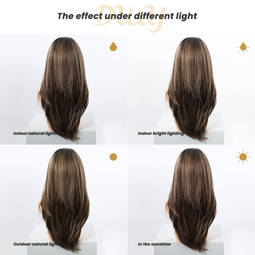 Amaris C-New! DWY 13×4 Lace Front Free Part Long-Length Straight Brown with Blonde Highlights Beautiful Layer Glueless Synthetic Wig for Women 24 Inches
