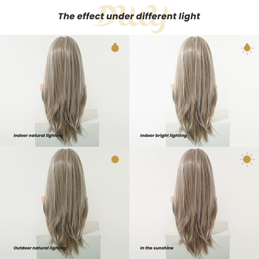 Ethel-DWY 13x6 Filter Lace Front Free Part Long Length Straight Brown with Highlights Glueless Synthetic Wig