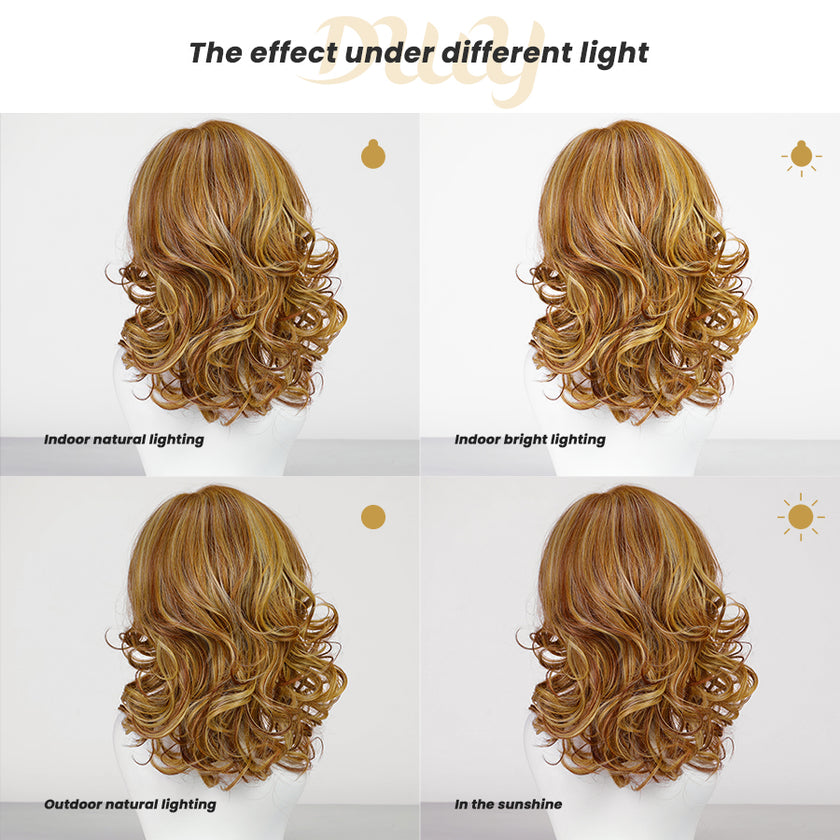 Georgia-DWY Mono Lace Front Free Part Short Curly Light Brown With Blonde Highlights Synthetic Wig