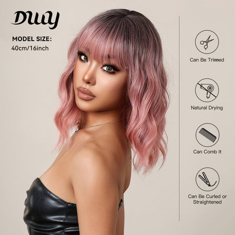 Ava-DWY Ombre Pink Curly Synthetic Wigs With Bangs