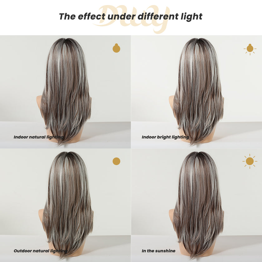 Elara-DWY 22 Inch Silver Grey Balayage Long Layered Wig with Air Bangs | Natural Synthetic Hair for Women | Daily Wear & Versatile Styling