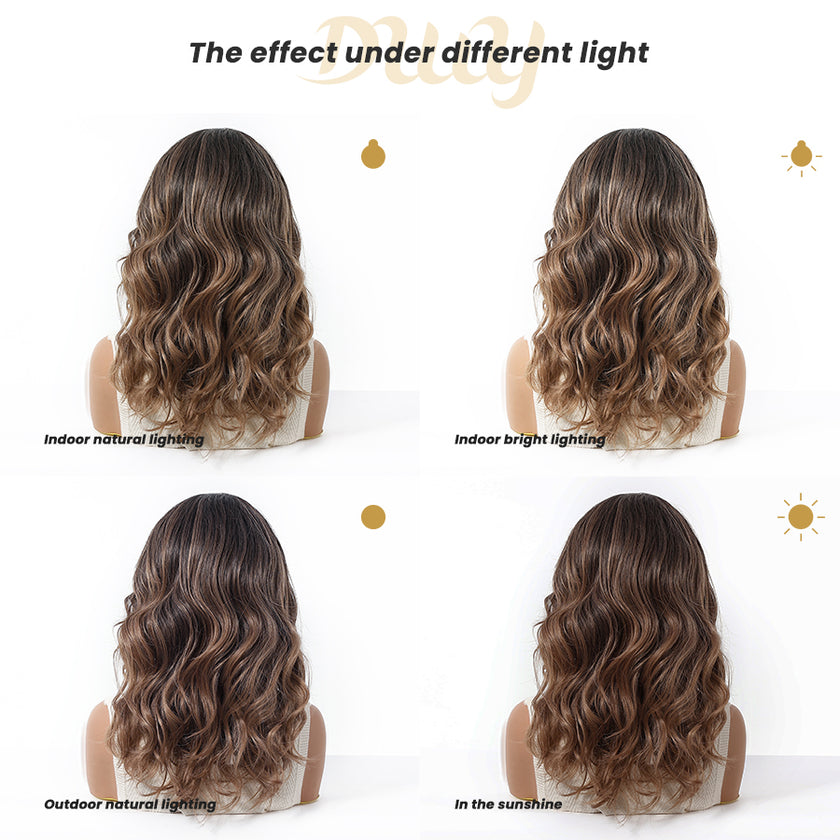 Juniper-DWY Filter Lace Front Curved Part Mid-Length Wavy Brown Dyed Black Glueless Synthetic Wig