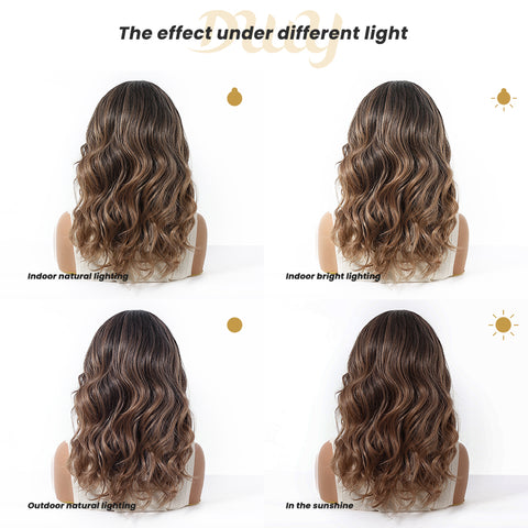 Juniper-DWY Lace Front Curved Part Mid-Length Wavy Brown Dyed Black Glueless Synthetic Wig