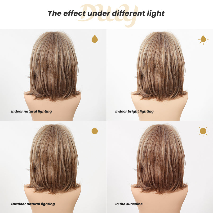 Cici-DWY MiraScalp Short-length Bob Hair Light Brown with Blonde Highlights Glueless Synthetic Wig
