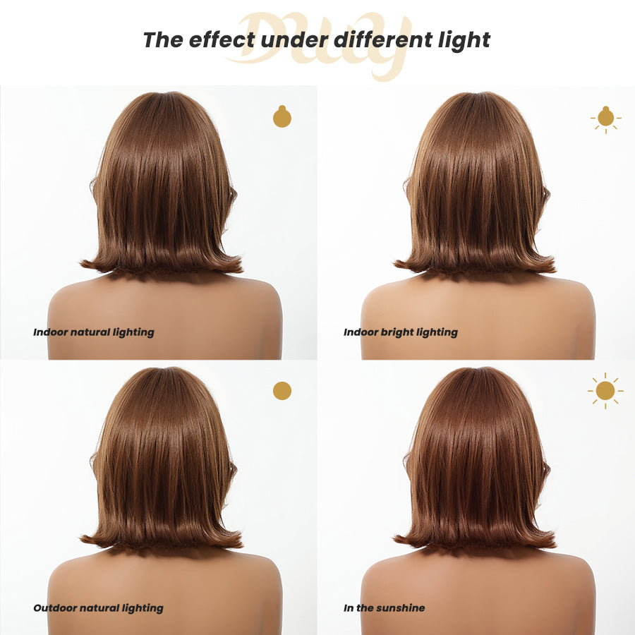 Aine-DWY Short-Length Tea Brown Flip Bob Wig with Bangs Glueless Synthetic Wig