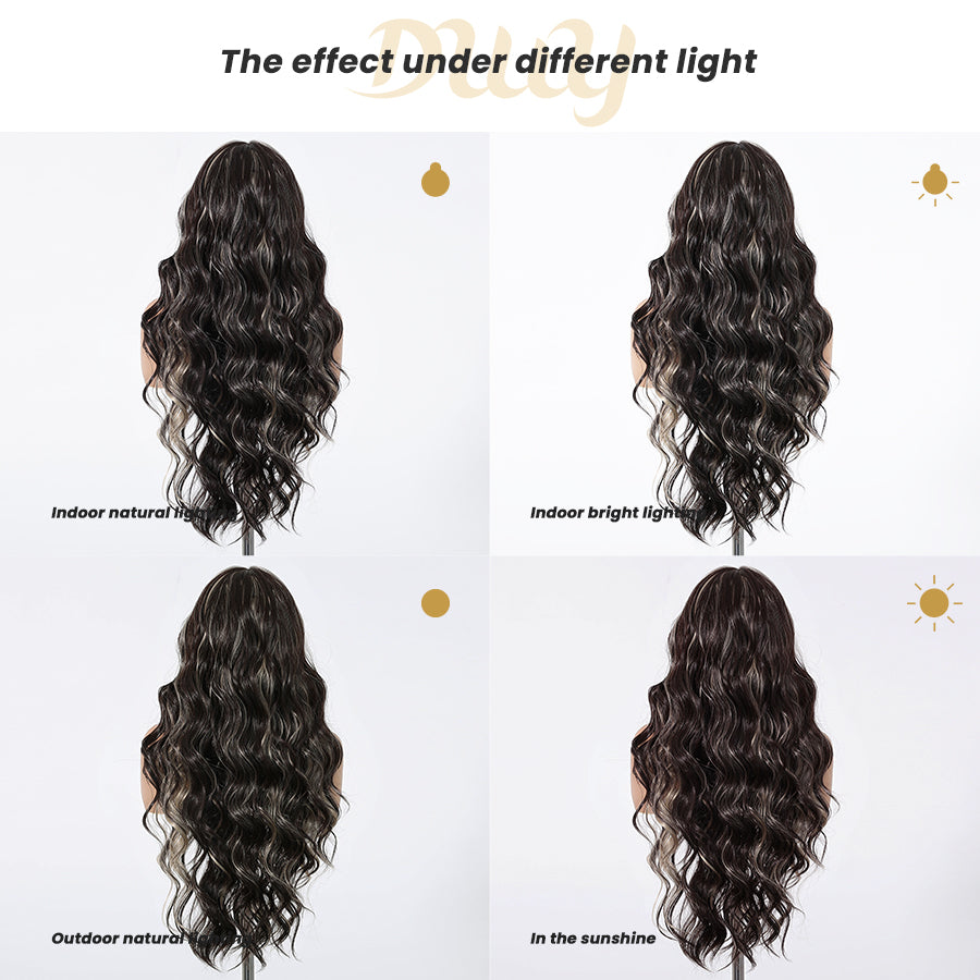 [CLEARANCE SALE] Odalys -DWY New Arrival 13×4 Lace Front Free Part Long-Length Curly Natural Brown with White Highlights Baby Hairline Glueless Synthetic Wig for Women 26 Inches