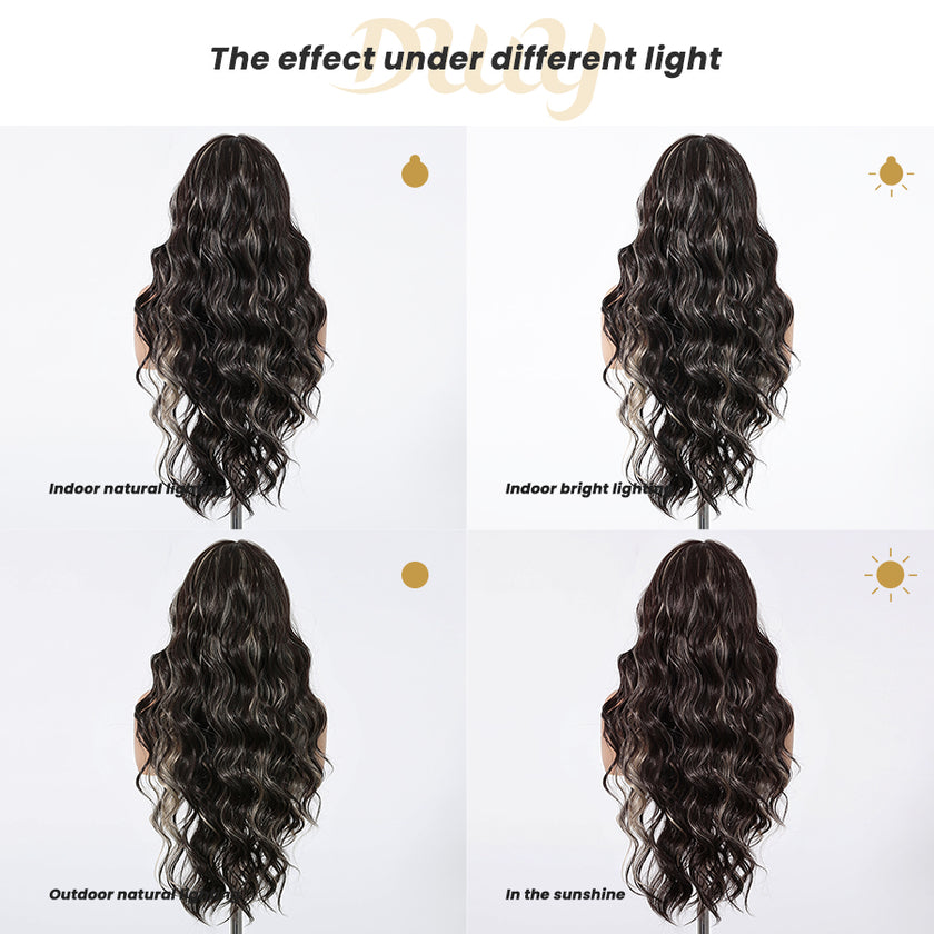 [CLEARANCE SALE] Odalys -DWY New Arrival 13×4 Lace Front Free Part Long-Length Curly Natural Brown with White Highlights Baby Hairline Glueless Synthetic Wig for Women 26 Inches