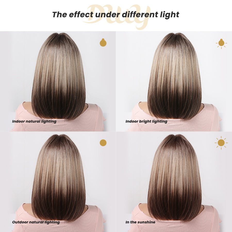 Lucille H-DWY Short Rooted Blonde with Brown Ends Natural Straight Glueless Synthetic Wig with Bangs for Women 12 Inches