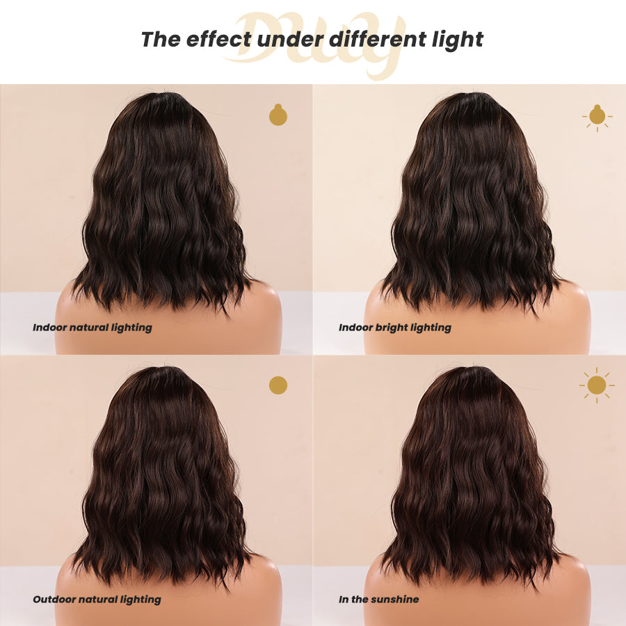 Gemma-DWY Machine Made Natural Black Short Bob Curly Glueless Synthetic Wig with Bangs for Women 12 Inches