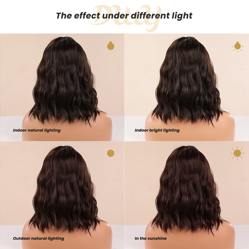 Gemma-DWY Machine Made Natural Black Short Bob Curly Glueless Synthetic Wig with Bangs for Women 12 Inches