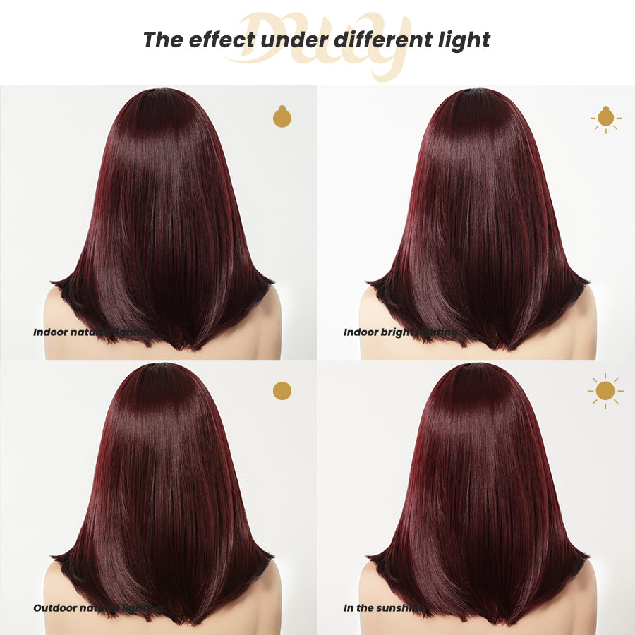 Lila-DWY Machine Made Mid-Length Straight Burgundy Glueless Synthetic Wig with Bangs for Women 14 Inches - Sleek & Modern Look
