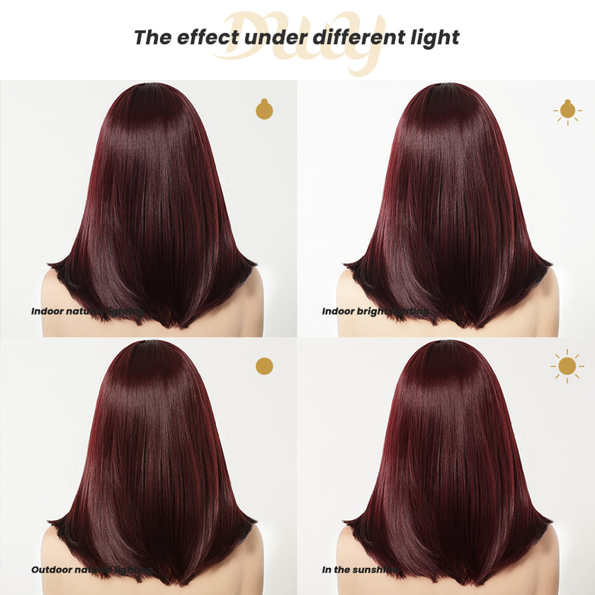 Lila-DWY Machine Made Mid-Length Straight Burgundy Glueless Synthetic Wig with Bangs for Women 14 Inches - Sleek & Modern Look