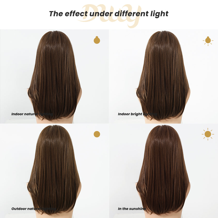 Morita-DWY Lace Front 13*4 Free Part Mid-Length Straight Brown with Highlights Glueless Synthetic Wig for Women 16 Inches