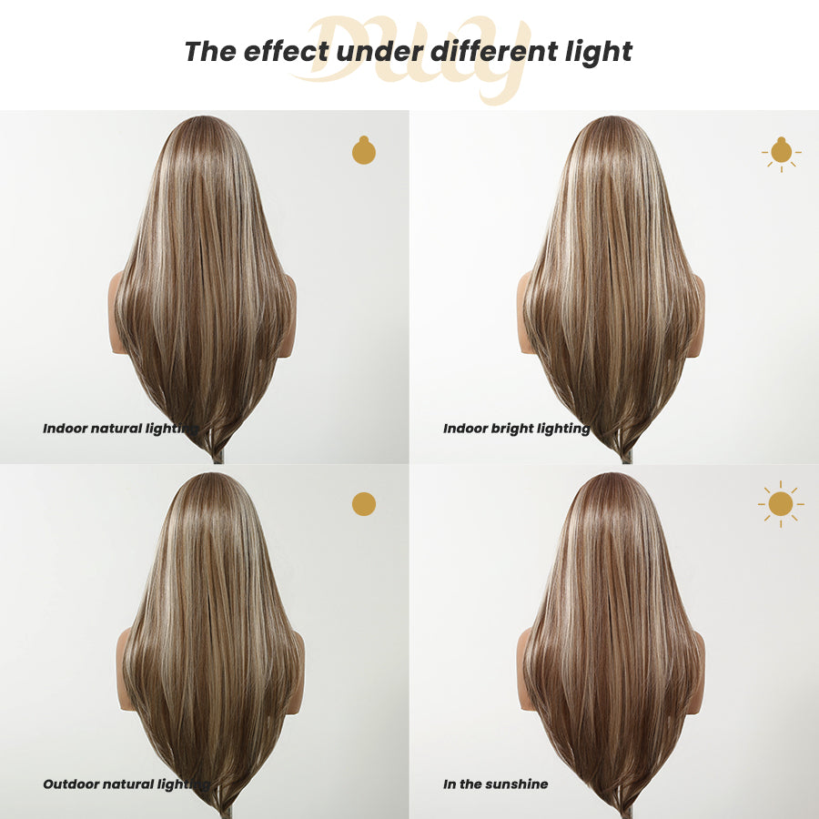 Ethel-DWY 13x6 Filter Lace Front Free Part Long Length Straight Brown with Highlights Glueless Synthetic Wig