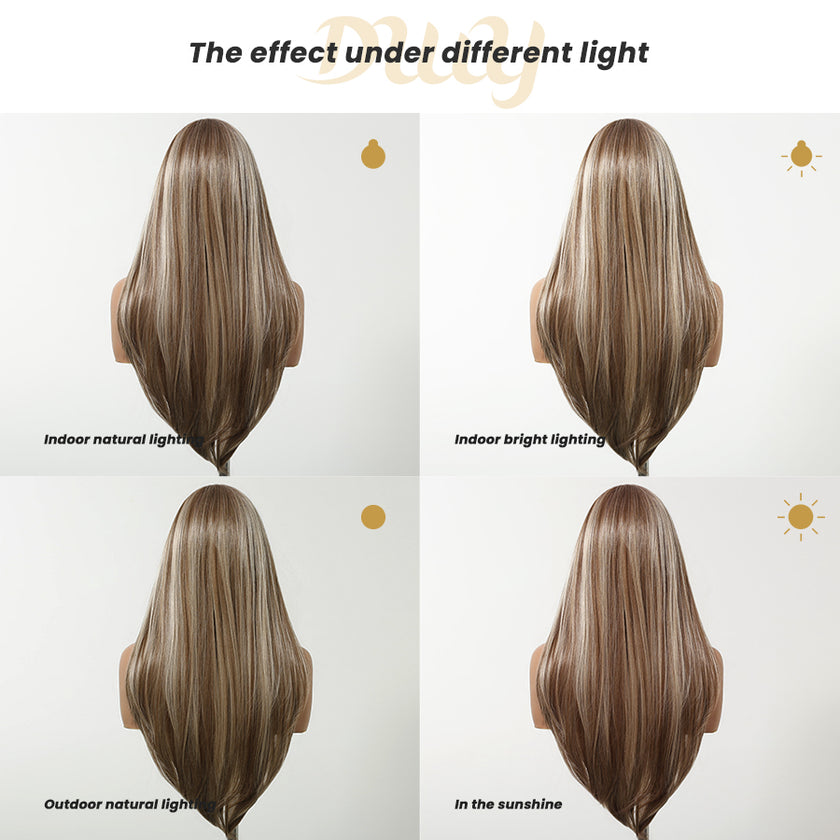 Ethel-DWY 13x6 Filter Lace Front Free Part Long Length Straight Brown with Highlights Glueless Synthetic Wig
