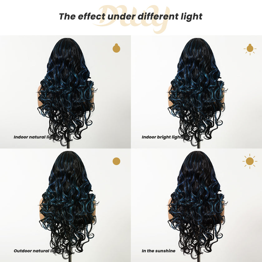 DWY 26-Inch Long Black Wavy Wig with Blue Highlights – Synthetic Heat-Resistant Curly Wig for Stylish Daily Wear and Parties HC11140-1