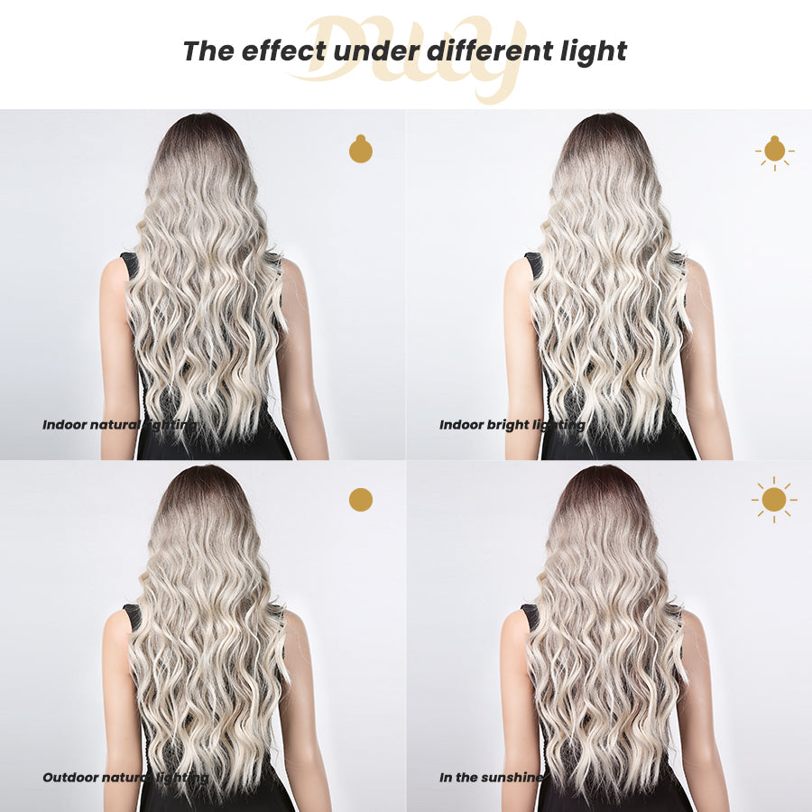 Vera-DWY Long Curly Rooted Gray Ivory Glueless Synthetic Wig