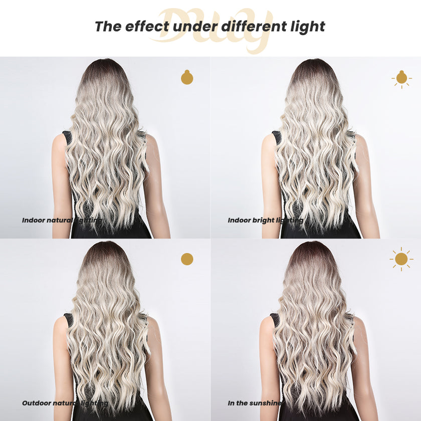 Vera-DWY Long Curly Rooted Gray Ivory Glueless Synthetic Wig