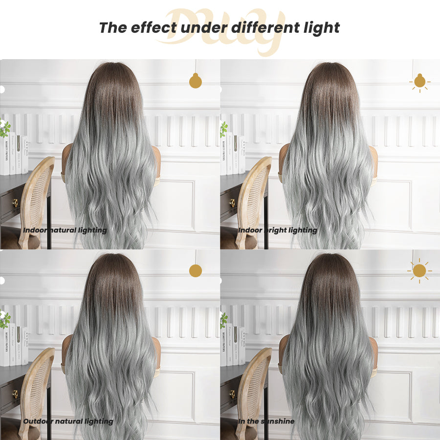 Celeste-DWY Free Part Lace Front 13×6 Ombre Light Blue Brown Wavy Synthetic Wig