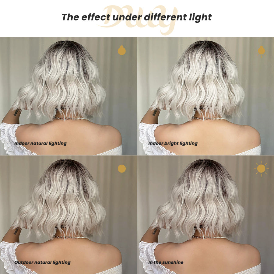 June-DWY Machine Made Short Wavy Hairstyle with Blunt Bangs Dark Root to Platinum Blonde Ombre Glueless Synthetic Wig for Women 12 Inches