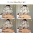 June-DWY Machine Made Short Wavy Hairstyle with Blunt Bangs Dark Root to Platinum Blonde Ombre Glueless Synthetic Wig for Women 12 Inches