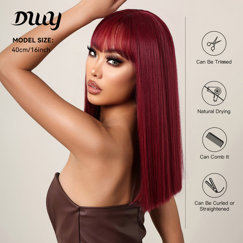 Camila-DWY Burgundy Middle Length Synthetic Wig With Bangs