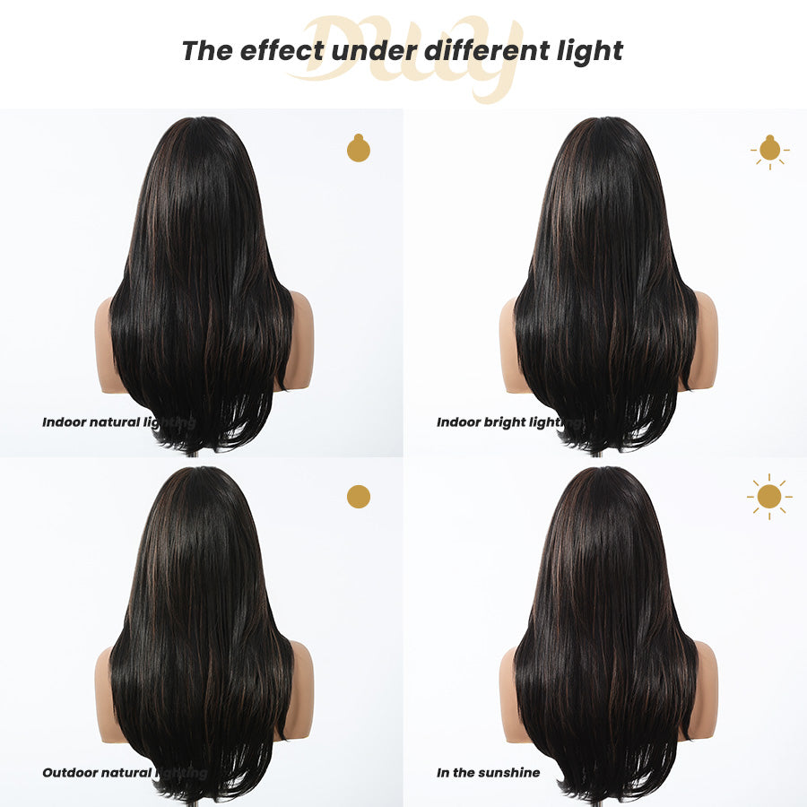 DWY 22-Inch Long Straight Black and Blonde Highlight Synthetic Wig with Bangs