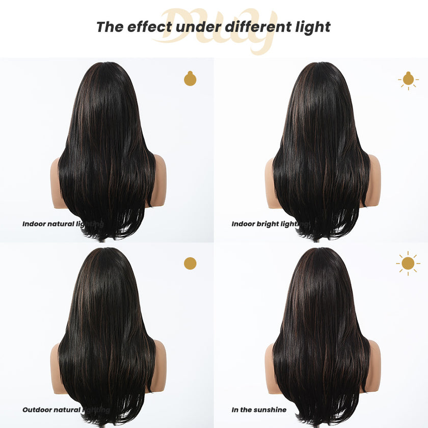 DWY 22-Inch Long Straight Black and Blonde Highlight Synthetic Wig with Bangs