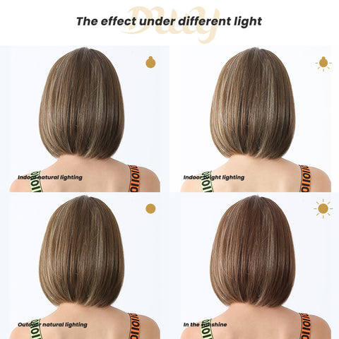 Jean-DWY 12-Inch Glueless Synthetic Wig: Chic Brown with Blonde Highlights and Bangs