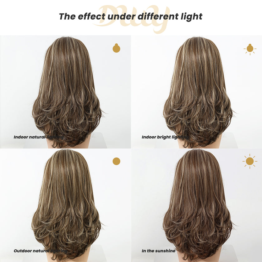 Lainey H-NEW COLOR DWY 13×4 Free Parting Hand -Tied Top Middle Length Light Brown with Highlights  Glueless Synthetic Wig
