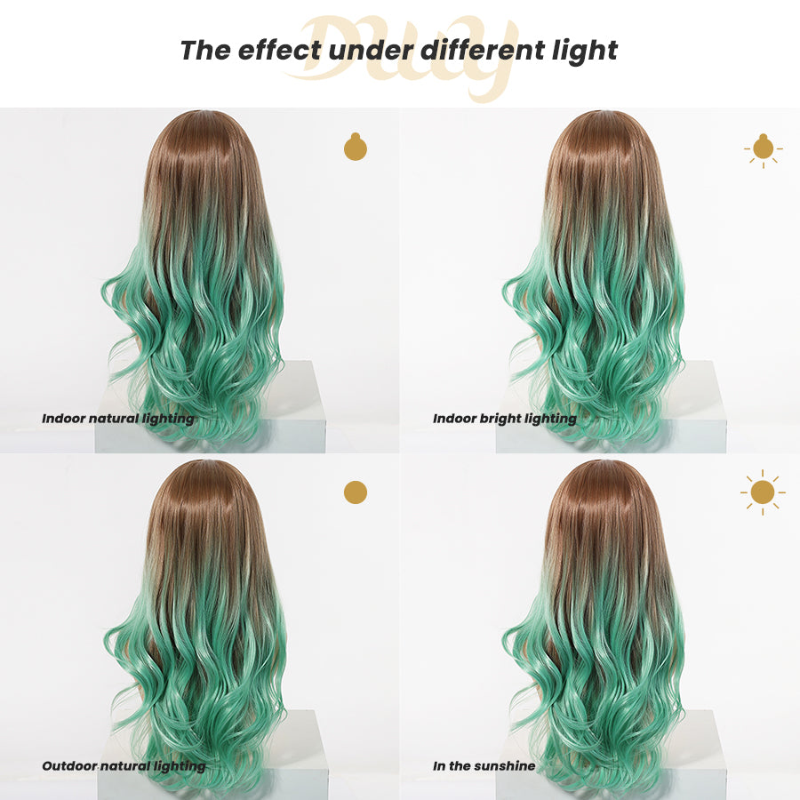DWY Brown and Green Synthetic Wig with Free Parting