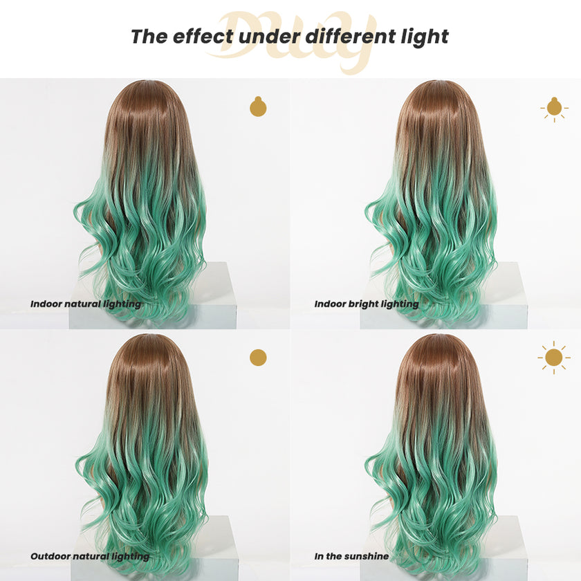 DWY Brown and Green Synthetic Wig with Free Parting