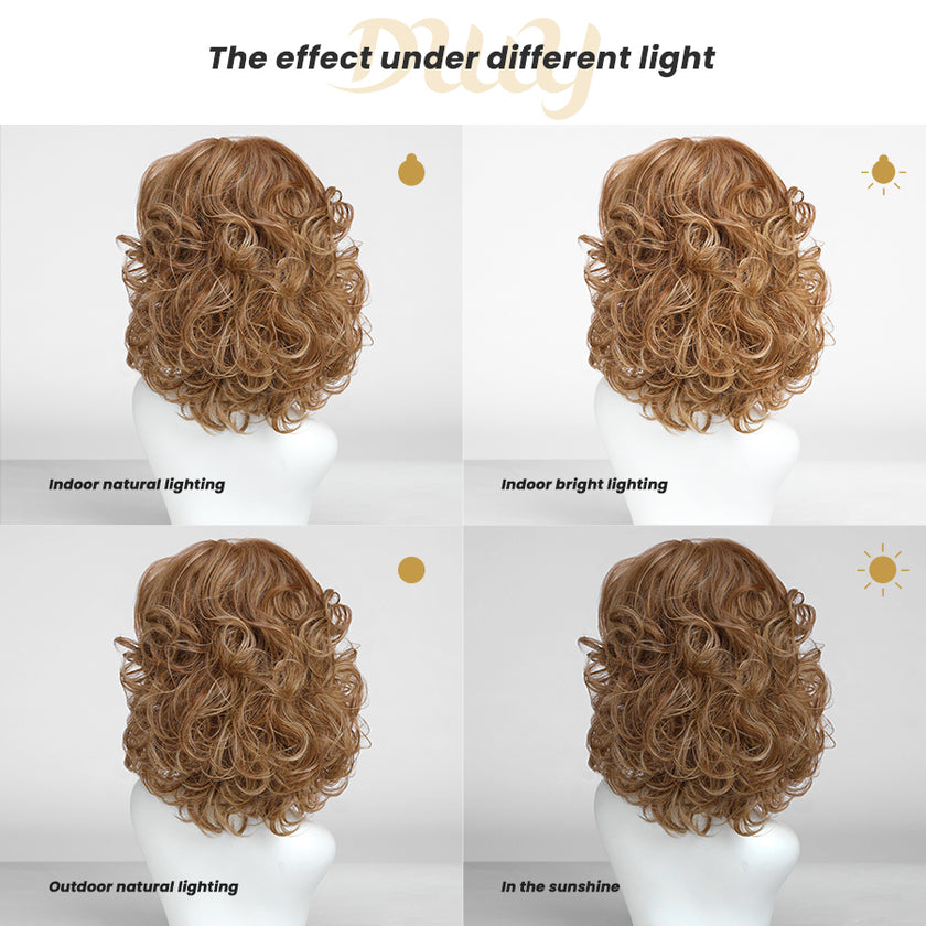 Julian-DWY Mono Lace Front Free Part Short Curly Light Brown with Highlights Glueless Synthetic Wig