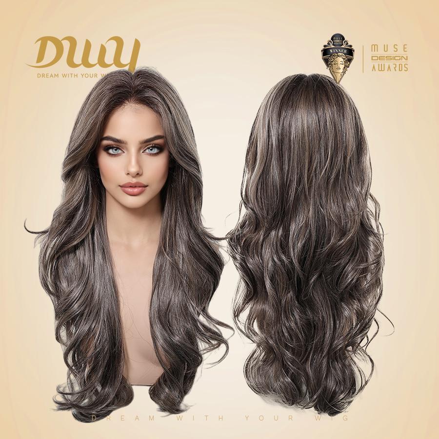 Tessa -DWY Women's Glueless Frontal Wig, 26-Inch Pre-Cut U-Part Diamond Lace Long Cool Brown with Highlights Curly Synthetic Wavy Wig, Glueless Frontal Wigs