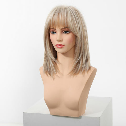 【New in】Magnolia- 14-Inch Short Platinum Blonde Bob Wig with Bangs - Glueless Synthetic Hair for Women