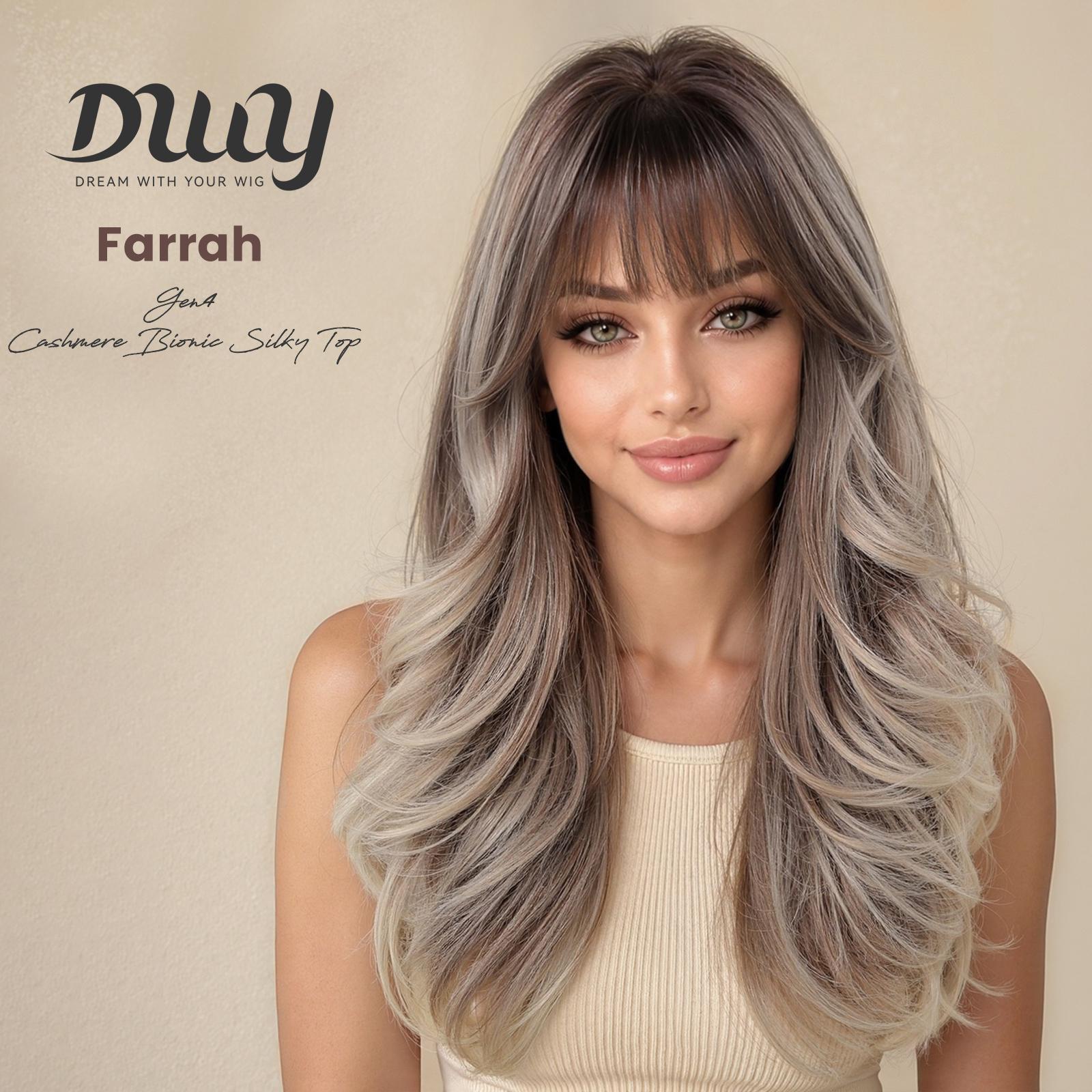 A woman with long, layered, ash-brown and blonde highlighted hair with bangs, wearing a beige top, models the DWY Farrah Gen4 synthetic wig against a beige background.