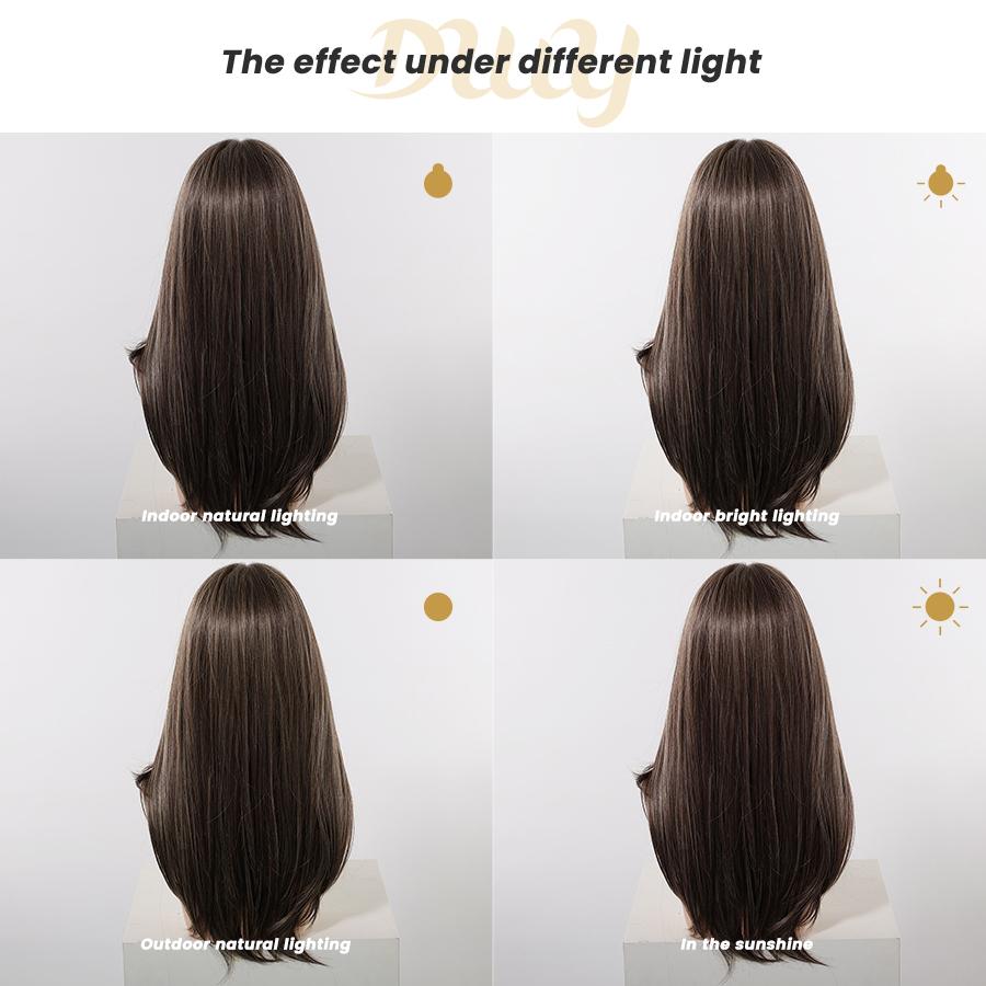 Rooney -DWY Pre-cut U part Diamond Lace Mid length Cool Mushroom Brown Highlights Scandi Hairline Hair Glueless Synthetic Wigs for Women 15 Inches