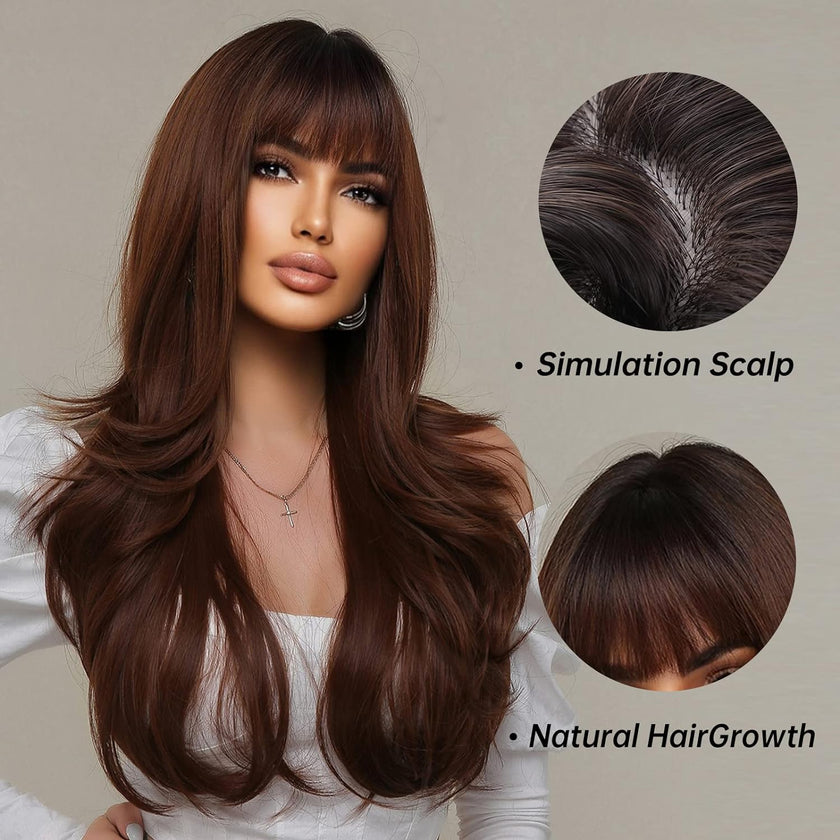 DWY 26 inches Long Curly Brown with Bangs Synthetic Wig
