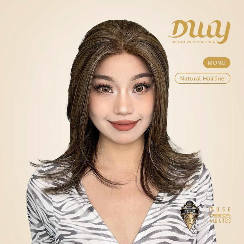 Addison-DWY 16-Inch Glueless Skin Weft Mono Lace Front Synthetic Wig - Mid-Length Brown with Highlights